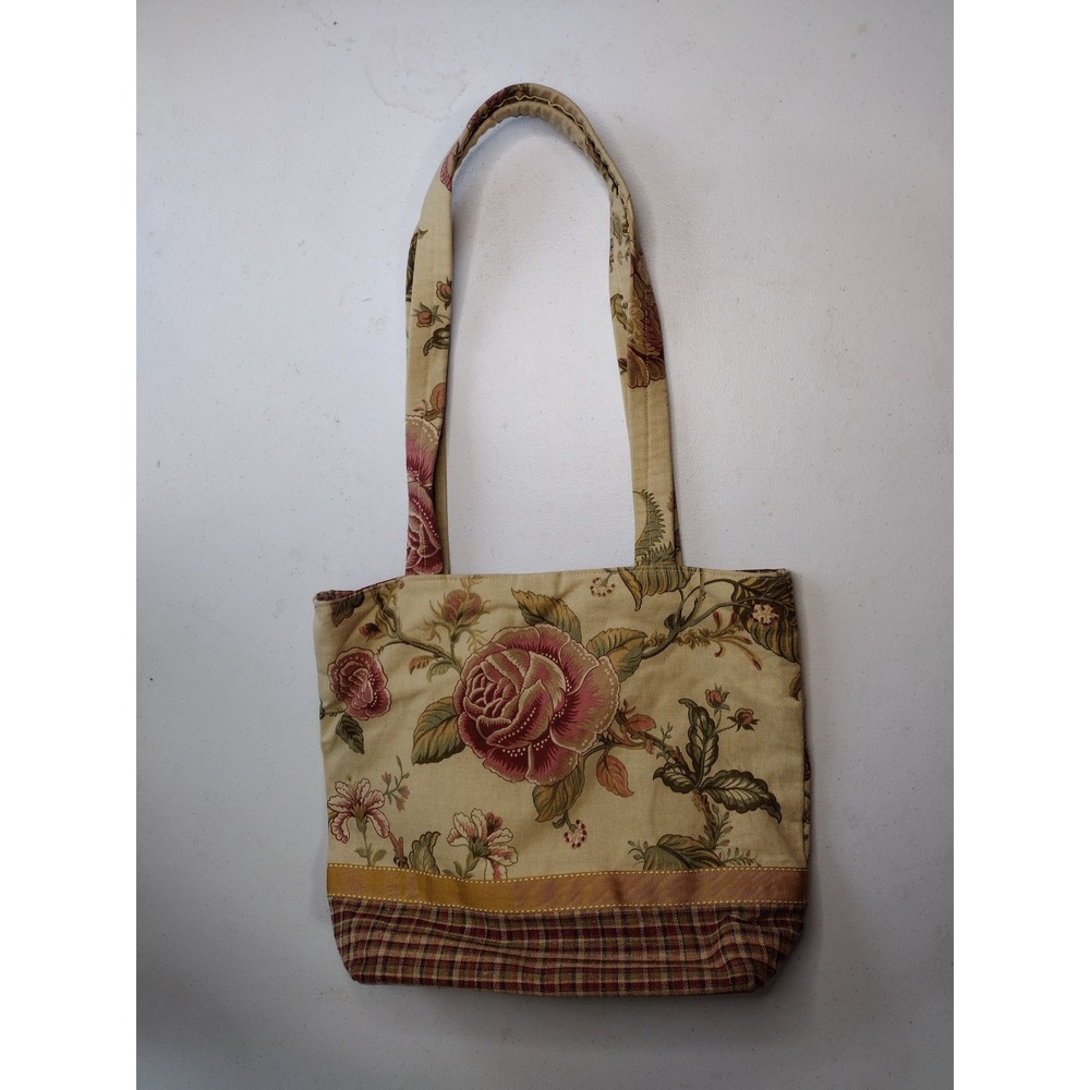 One of a Kind Design Floral Plaid Tote Bag Beige Pink Rose Cottagecore‎ Shoulder